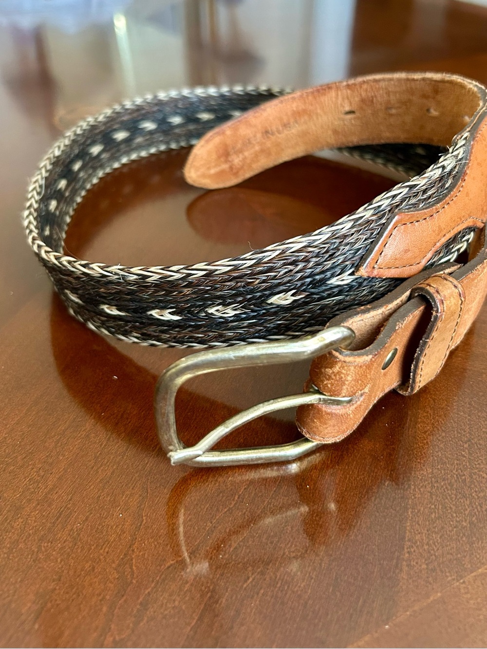 Genuine Horsehair Woven Leather-Trim Belt in Black and Brown